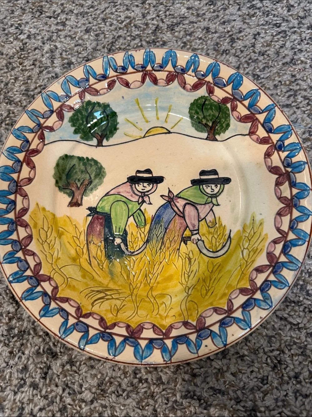 Vintage 9.5” Pottery Serving Bowl Hand Painted Olaria Flosa Redondo Portugal